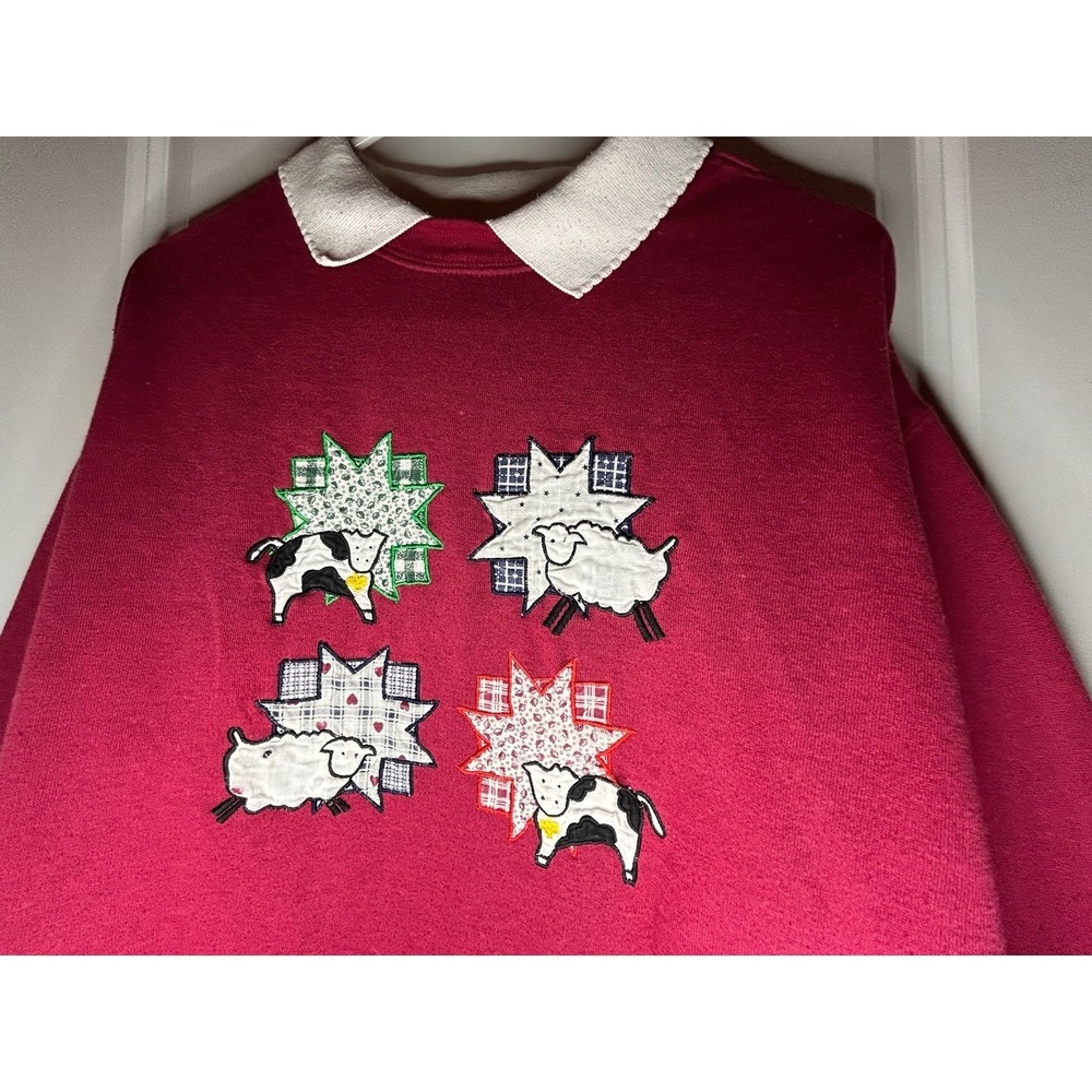 Vintage 90's‎ Cow Sheep Quilt Design Embroidered Red Sweatshirt Sz Womens Large